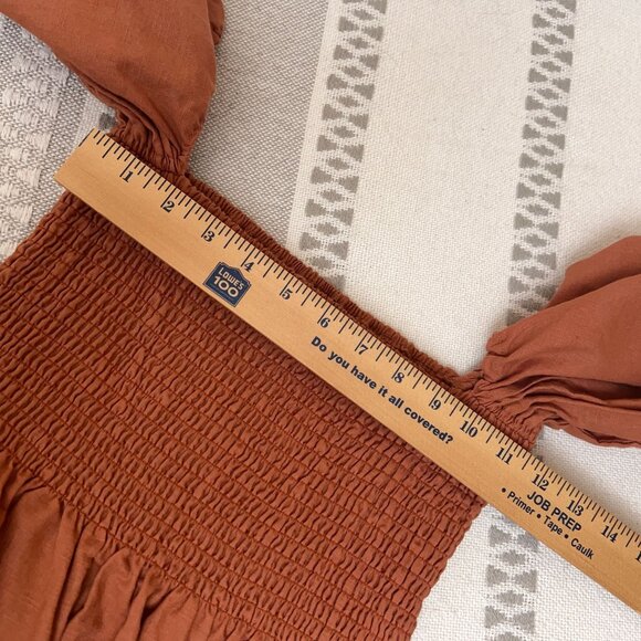 Kourt Portia Rust Smocked Mini Dress Puff Sleeve Square Neck Linen Blend Size S - Picture 11 of 11